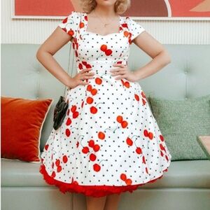 Dolly and Dotty - Claudia 50s Dress in White Cherry Dot Print (Size 16)